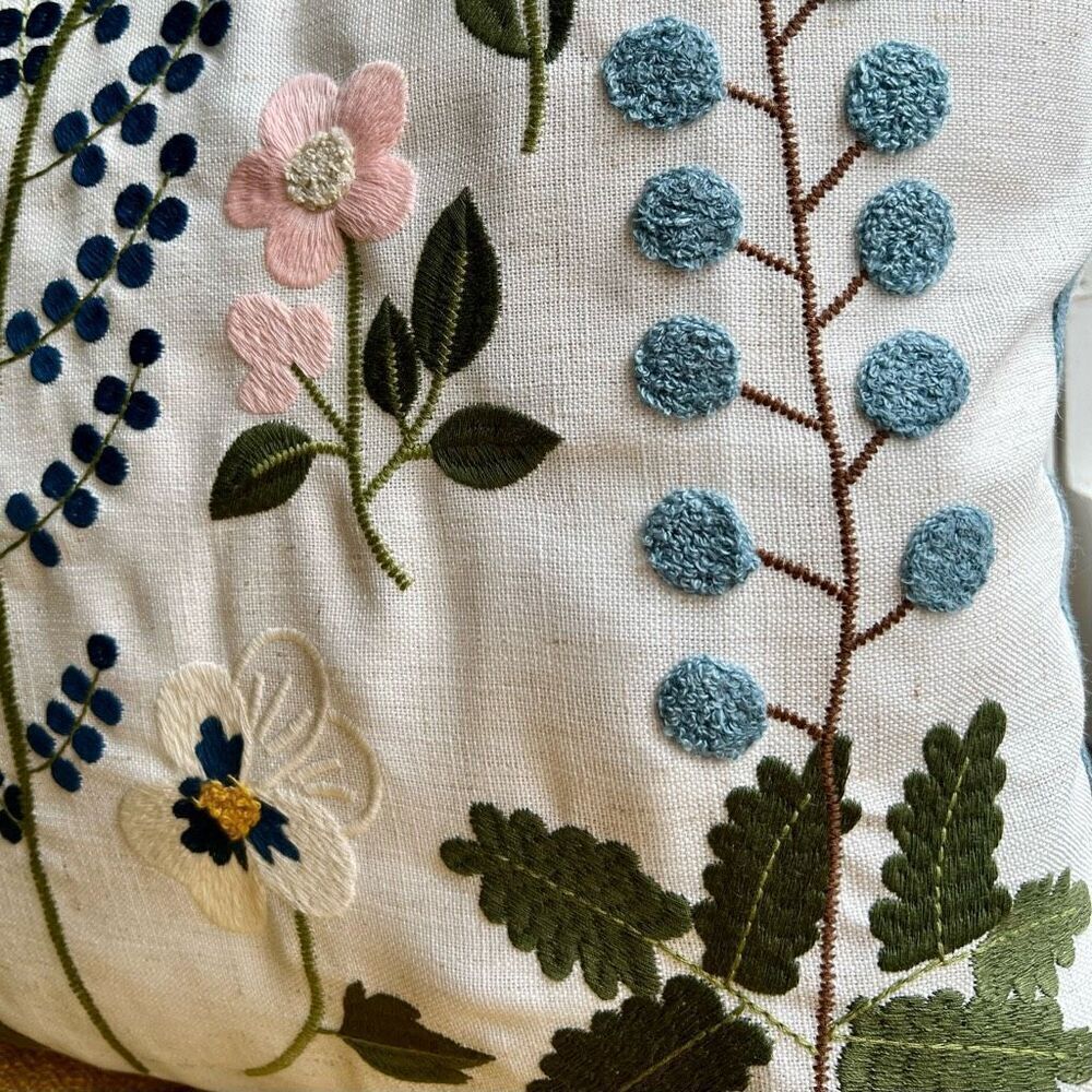Blue Spring Wildflower Embroidered Throw Pillow Cover 18x18 - Picture 2 of 5